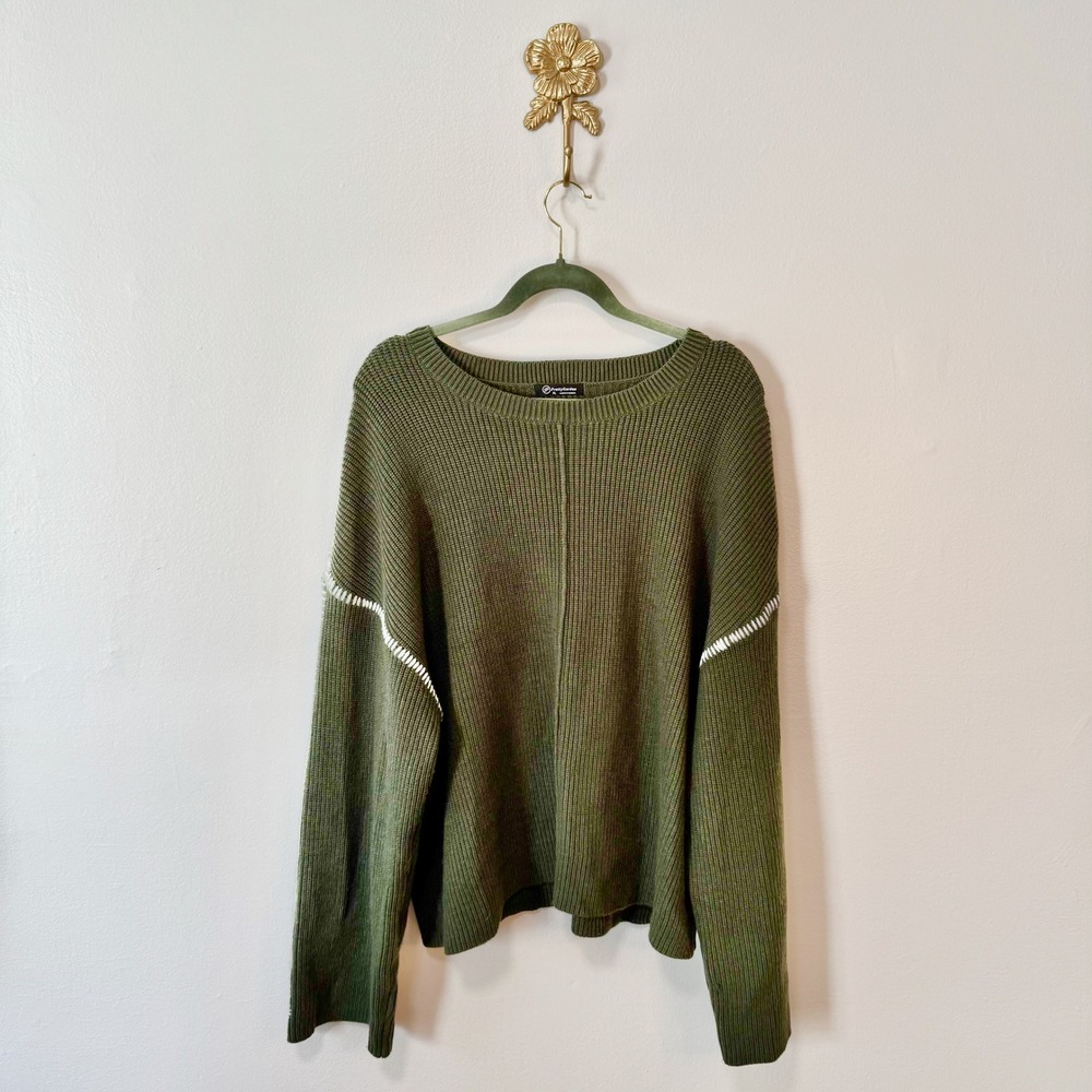 Olive Green Whipstitch Ribbed Oversized Knit Sweater XL Boho Cozy Earthy Neutral